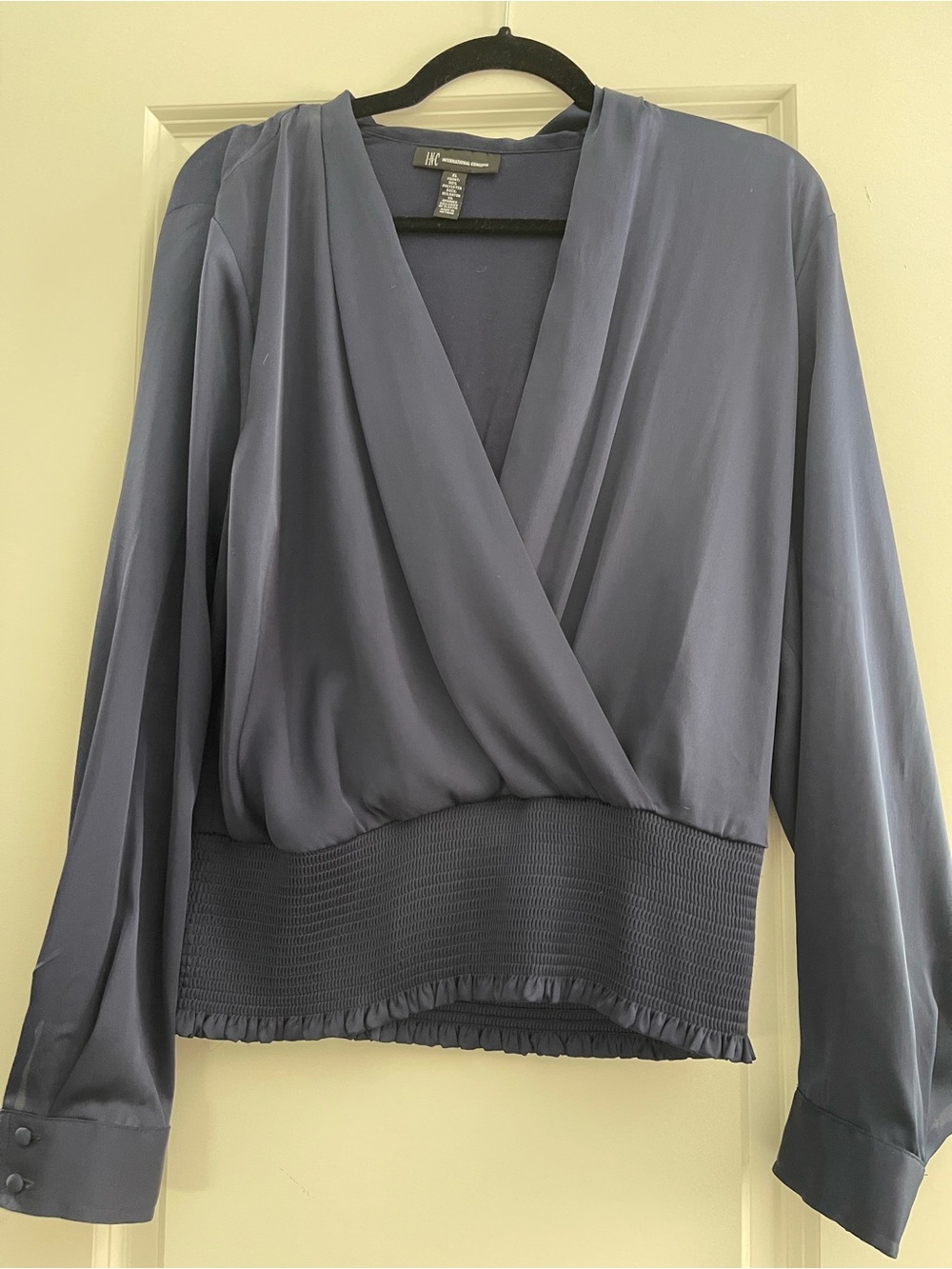 INC International Concepts Slate Blue Wrap-Front Long Sleeve Blouse